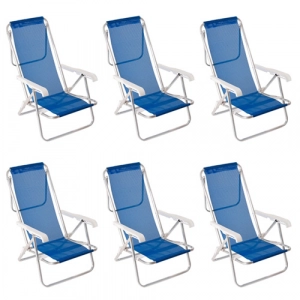 Kit 6X Cadeira Praia Reclinável Alumínio 8 Posições Sannet Azul - Mor